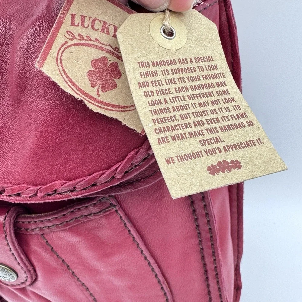New Lucky Brand Red Boho Bag WhipStitch Lamb Leather Hobo Flap Y2K VTG Crossbody